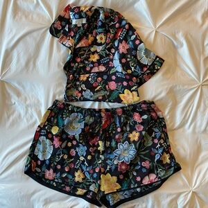 LOFT silky black floral pajama shorts set